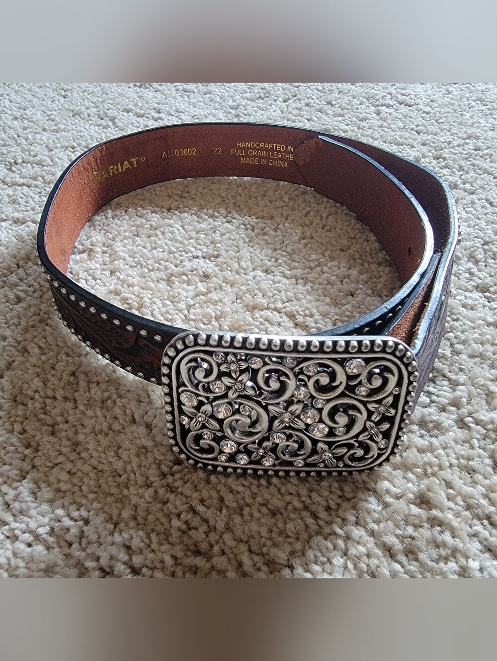 Ariat Leather Belt Dark Oil Blingy Rhinestone Flower Rodeo Western Genuine Handt